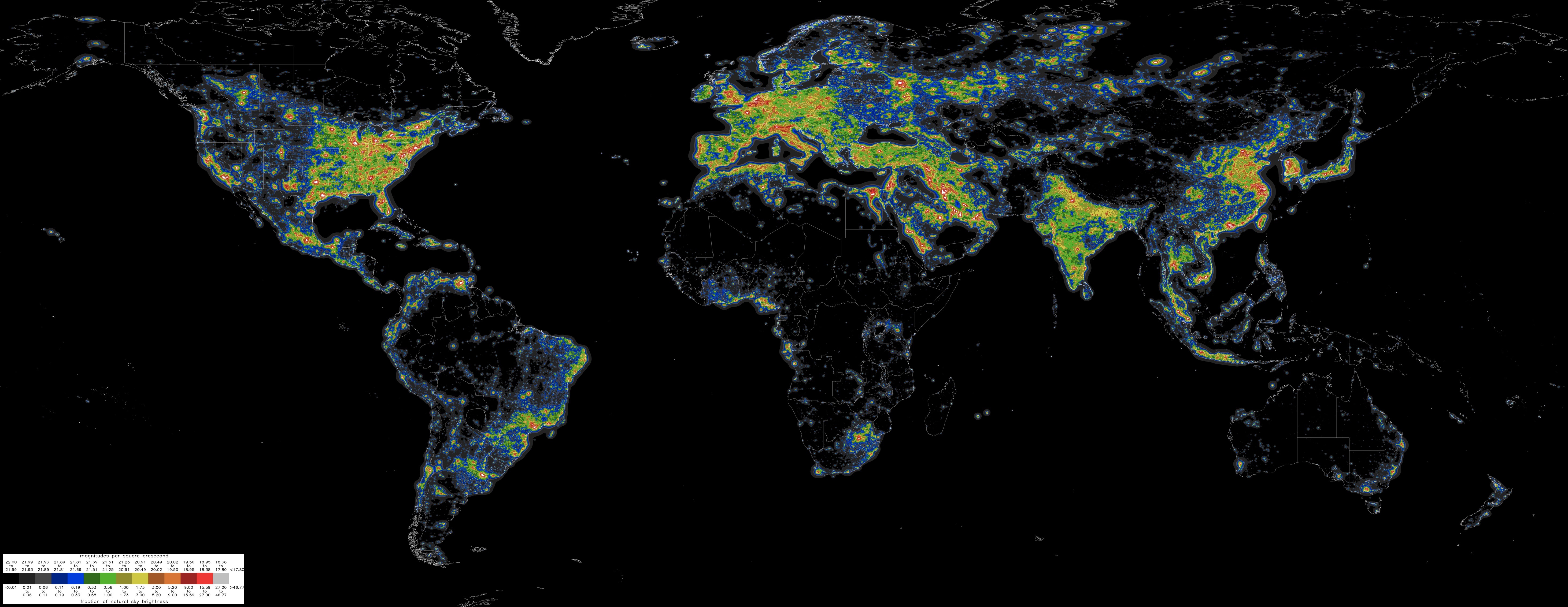 World map of artificial light pollution at night — bright clusters mark heavily urbanized regions, dark areas indicate Bortle 1–3 sky