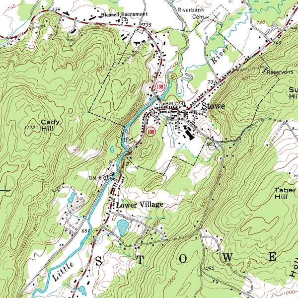 Example topographic map with contour lines showing hills, valleys, and a stream