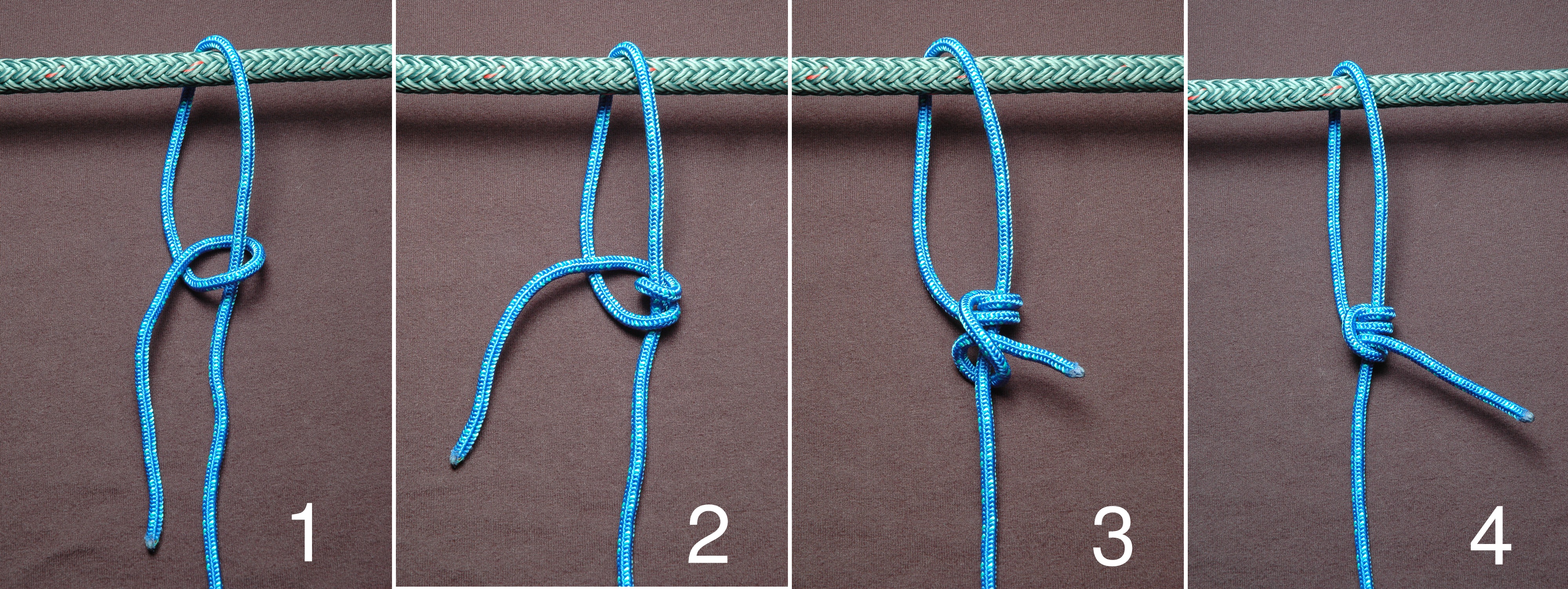 Step-by-step photographs showing a taut-line hitch being tied around a fixed object